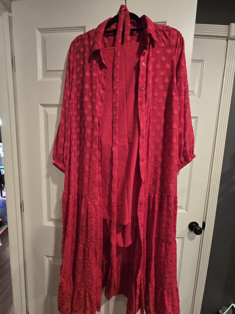 New York & Company Red Polka Dot Maxi Shirt Dress - Picture 2 of 4